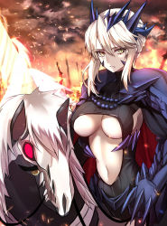 Rule 34 | 1girl, armor, artoria pendragon (fate), artoria pendragon (lancer alter) (fate), black leotard, blue armor, braid, breasts, closed mouth, cloud, cloudy sky, covered collarbone, crown, dark rhongomyniad, fake horns, fate/grand order, fate (series), fire, french braid, gauntlets, glowing, glowing weapon, hair between eyes, headgear, highres, horned headwear, horns, horse, horseback riding, lance, large breasts, leotard, looking at viewer, navel, pauldrons, planted, planted sword, planted weapon, platinum blonde hair, polearm, red eyes, reins, riding, serious, shigure s, short hair with long locks, shoulder armor, sidelocks, skull, sky, slit pupils, smoke, sparks, sword, tsurime, turtleneck, underboob, weapon, yellow eyes