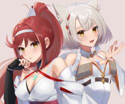 Rule 34 | 2girls, animal ears, bare shoulders, breasts, cat ears, chest jewel, cleavage, core crystal (xenoblade), criss-cross halter, detached sleeves, fingerless gloves, glimmer (xenoblade), gloves, half-siblings, halterneck, high ponytail, japanese clothes, kimono, large breasts, long hair, looking at viewer, mio (xenoblade), multiple girls, official alternate costume, ponytail, red hair, short hair, siblings, simple background, sisters, small breasts, swept bangs, white kimono, wooxxwoo, xenoblade chronicles (series), xenoblade chronicles 3, xenoblade chronicles 3: future redeemed, yellow eyes