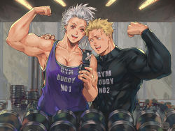 Rule 34 | 1boy, 1girl, arkuny, armpits, biceps, black shirt, blonde hair, blush, breasts, cleavage, clothes writing, couple, covered abs, dorohedoro, dumbbell, flexing, gym, half-closed eyes, hand on another&#039;s shoulder, hetero, holding, holding phone, indoors, large breasts, mirror image, muscular, muscular female, muscular male, noi (dorohedoro), phone, purple tank top, selfie, shin (dorohedoro), shirt, skin tight, smile, sweat, tank top, taut clothes, taut shirt, upper body, white hair