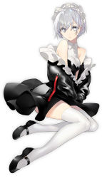 Rule 34 | 1girl, absurdres, bare shoulders, black footwear, black jacket, breasts, collared shirt, frilled hairband, frilled jacket, frills, full body, hairband, highres, jacket, long sleeves, looking at viewer, medium breasts, off-shoulder jacket, off shoulder, original, parted lips, purple eyes, purple hair, revision, shirt, shoes, short hair, simple background, sogawa, solo, thighhighs, white background, white thighhighs, wing collar