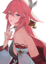 Rule 34 | 1girl, absurdres, animal ears, backless outfit, bare back, bare shoulders, breasts, detached sleeves, earrings, floppy ears, fox ears, gem, genshin impact, hair ornament, hand up, highres, inakanoinonaka, japanese clothes, jewelry, looking at viewer, medium breasts, nontraditional miko, pink hair, purple eyes, purple gemstone, sideboob, sidelocks, solo, tongue, tongue out, white background, white sleeves, wide sleeves, yae miko