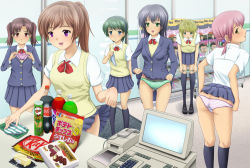 Rule 34 | 6+girls, :d, ass, bad id, bad pixiv id, black socks, blazer, blonde hair, blue eyes, bottle, brown hair, calbee (potato chips), candy, cash register, clothes lift, coca-cola, convenience store, familymart, food, from behind, green eyes, green hair, hairband, holding, holding clothes, holding panties, holding underwear, jacket, kneehighs, looking back, multiple girls, open mouth, original, panties, panty pull, pink hair, pleated skirt, ponytail, pringles, product placement, red eyes, school uniform, shop, short hair, short twintails, skirt, skirt lift, smile, socks, striped clothes, striped panties, sweater vest, twintails, underwear, undressing, yellow eyes, yukihanaok