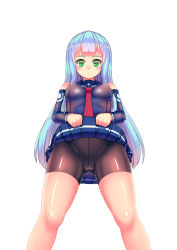 Rule 34 | 10s, 1girl, aoki hagane no arpeggio, bad id, bad pixiv id, bike shorts, blue hair, breasts, brightdark, clothes lift, detached sleeves, from below, green eyes, highres, iona (aoki hagane no arpeggio), long hair, looking at viewer, looking down, necktie, shorts, simple background, skirt, skirt lift, solo, uniform, white background