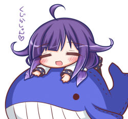 Rule 34 | 10s, 1girl, ahoge, black skirt, closed eyes, heart, kantai collection, komakoma (magicaltale), lying, on stomach, open mouth, pantyhose, purple hair, skirt, smile, solo, stuffed whale, taigei (kancolle), translation request
