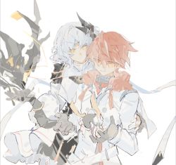 Rule 34 | 1boy, 1girl, closed mouth, code: failess (elsword), elsword, elsword (character), eve (elsword), facial mark, facing viewer, forehead mark, gloves, linbai22, looking down, multicolored hair, red eyes, red hair, sacred templar (elsword), short hair, sketch, white background, white hair, yellow eyes