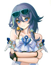 Rule 34 | 1girl, bare shoulders, black wristband, blue eyes, blush, chinese commentary, closed mouth, collarbone, crossed arms, eyewear on head, fingerless gloves, fu hua, gloves, hair between eyes, hair ornament, highres, honkai (series), honkai impact 3rd, looking at viewer, official alternate costume, shell hair ornament, simple background, single fingerless glove, solo, sunglasses, tutou jiang, white background, wristband