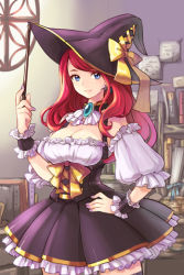 Rule 34 | 1girl, black thighhighs, blue eyes, book, bow, breasts, brooch, detached collar, detached sleeves, frilled skirt, frills, hand on own hip, hat, hip focus, holding, jewelry, large breasts, long hair, lowres, pleated skirt, red hair, ribbon, rihanna (sword girls), skirt, smile, solo, sword girls, thighhighs, wand, witch hat, wooni, wrist cuffs