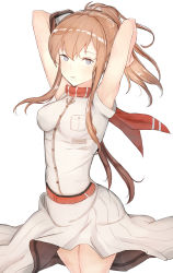 Rule 34 | 10s, 1girl, armpits, arms up, ascot, bad id, bad pixiv id, blue eyes, breast pocket, breasts, brown hair, clothes lift, dress, dress lift, guanhian, hair between eyes, highres, kantai collection, long hair, looking at viewer, medium breasts, neckerchief, pocket, ponytail, red ascot, red neckerchief, saratoga (kancolle), side ponytail, solo, standing, white dress, wind, wind lift