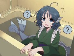 1girl ? ahoge bathtub blue_eyes blue_hair fins frilled_kimono frills green_kimono head_fins highres japanese_clothes kimono mermaid monster_girl obi one-hour_drawing_challenge open_mouth purple_sash sash short_hair solo sweat touhou wakasagihime wavy_hair wavy_mouth wide_sleeves ya_(inkokatte)