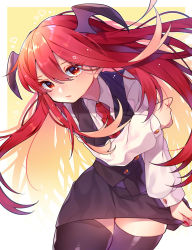 Rule 34 | 1girl, :/, black skirt, black thighhighs, black vest, blouse, blush, buttons, closed mouth, collared shirt, cowboy shot, hair between eyes, head wings, highres, holding own arm, koakuma, long hair, looking at viewer, nail polish, necktie, red eyes, red hair, red nails, red necktie, renka (sutegoma25), shirt, simple background, skirt, solo, thighhighs, thighs, touhou, very long hair, vest, white background, white shirt, wings