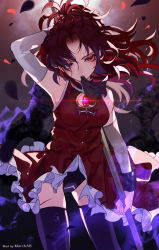 Rule 34 | 1girl, arm behind back, black panties, black thighhighs, commentary, contrapposto, detached sleeves, glowing, hair over one eye, long hair, looking at viewer, mahou shoujo madoka magica, march ab, mouth hold, panties, polearm, red eyes, red hair, sakura kyoko, scar, scar on leg, skindentation, solo, soul gem, spear, thighhighs, thighs, underwear, weapon, zettai ryouiki