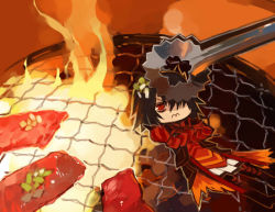 Rule 34 | 1boy, bad id, bad pixiv id, black hair, cooking, fire, food, gaius (tales), grill, grilling, hair over one eye, male focus, meat, red eyes, solo, tales of (series), tales of xillia, tongs, zenmai