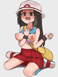Rule 34 | 1girl, bag, bare arms, bare shoulders, between breasts, bracelet, breasts, breasts out, brown hair, clothes lift, creatures (company), drooling, female focus, furrowed brow, game freak, highres, jewelry, lactation, leaf (pokemon), long hair, medium breasts, nijitama shiyushiyu, nintendo, nipples, open mouth, pokemon, pokemon frlg, red skirt, sanpaku, shirt lift, simple background, sitting, skirt, sleeveless, solo, tareme, tearing up, wariza, wavy mouth, white background