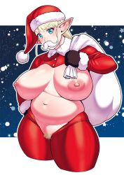 Rule 34 | 1girl, bag, belly, blonde hair, breasts, christmas, cowboy shot, eating, elf, elf-san wa yaserarenai., elfuda (elf-san wa yaserarenai.), fake facial hair, fake mustache, female pubic hair, gloves, green eyes, hat, highres, large breasts, looking at viewer, navel, nipples, plump, pointy ears, pubic hair, reverse outfit, santa hat, short hair, solo, synecdoche, thighhighs