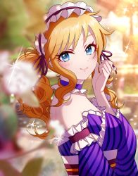 Rule 34 | bad perspective, bare shoulders, blonde hair, blue dress, blue eyes, blurry, blurry background, blurry foreground, blush, breasts, choker, closed mouth, commentary request, depth of field, dress, flower, frilled dress, frilled sleeves, frills, from side, hair ribbon, hand up, headdress, ich., idolmaster, idolmaster cinderella girls, long hair, long sleeves, looking at viewer, medium breasts, ohtsuki yui, outdoors, pale skin, ribbon, smile, solo, striped clothes, striped dress, upper body, wavy hair