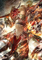 Rule 34 | 1girl, armor, blonde hair, blurry, braid, breastplate, clarent (fate), fate/apocrypha, fate (series), faulds, fire, gauntlets, green eyes, highres, holding, holding sword, holding weapon, long hair, looking at viewer, mordred (fate), mordred (fate/apocrypha), over shoulder, pauldrons, ponytail, shoulder armor, signo aaa, smile, solo, standing, steam, sword, sword over shoulder, weapon, weapon over shoulder