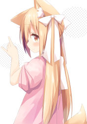 Rule 34 | 1girl, absurdres, animal ear fluff, animal ears, blush, bow, brown eyes, closed mouth, commentary request, fox shadow puppet, from behind, hair between eyes, hair bow, hand up, highres, jacket, light brown hair, long hair, looking at viewer, looking back, miike-chan, nakkar, original, pink jacket, polka dot, short sleeves, smile, solo, standing, tail, twintails, upper body, very long hair, white background, white bow