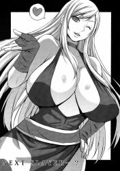 Rule 34 | 1girl, artist request, blowing kiss, breasts, cleavage, dress, fatal fury, garou mark of the wolves, gloves, hand on own hip, heart, highres, huge breasts, jenet behrn, long hair, looking at viewer, monochrome, no bra, one eye closed, snk, solo, the king of fighters, wink