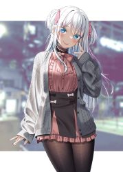 Rule 34 | 1girl, :p, black bow, black skirt, blue eyes, blurry, blurry background, blush, bow, breasts, brown pantyhose, center frills, closed mouth, depth of field, fang, fang out, frilled skirt, frills, grey hair, grey jacket, gurande (g-size), hair ribbon, highres, jacket, long hair, long sleeves, medium breasts, nail polish, open clothes, open jacket, original, pantyhose, pink bow, pink nails, pink ribbon, pink shirt, puffy long sleeves, puffy sleeves, ribbon, shirt, skirt, sleeves past wrists, smile, solo, tongue, tongue out, two side up, v, very long hair, white bow