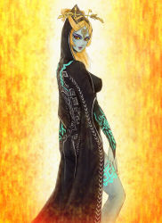 Rule 34 | 1girl, ass, bekio, blonde hair, blue skin, breasts, colored sclera, colored skin, covered erect nipples, eyebrows, eyelashes, eyeliner, from side, headwear request, highres, hood, makeup, medium breasts, midna, midna (true), nintendo, parted lips, perky breasts, red eyes, robe, solo, spoilers, tattoo, the legend of zelda, the legend of zelda: twilight princess, yellow sclera