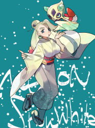 Rule 34 | 1girl, alternate costume, breasts, character name, commentary request, creatures (company), earrings, floating hair, froslass, game freak, gen 4 pokemon, geta, green background, green nails, grey eyes, hair bun, highres, japanese clothes, jewelry, kimono, lipstick, long hair, makeup, mature female, melony (pokemon), multicolored hair, nail polish, natsuko (summer 525528), nintendo, pokemon, pokemon (creature), pokemon swsh, red lips, sash, single hair bun, streaked hair, tabi, wide sleeves