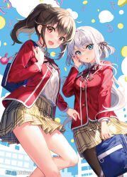 Rule 34 | 2girls, :d, bag, blazer, blue eyes, bow, brown bow, brown hair, brown pantyhose, brown skirt, collared shirt, copyright request, dress shirt, feet out of frame, fujima takuya, grey hair, hair between eyes, holding, holding bag, jacket, looking at viewer, multiple girls, open mouth, pantyhose, parted lips, plaid, plaid skirt, pleated skirt, ponytail, red eyes, red jacket, school bag, school uniform, shirt, skirt, smile, standing, white shirt
