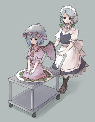 Rule 34 | 2girls, :|, ascot, bat wings, black eyes, black legwear, braid, closed mouth, dress, empty eyes, frilled shirt collar, frills, grey background, hands on own knees, hat, hat ribbon, highres, izayoi sakuya, lid, loafers, maid, maid headdress, mob cap, multiple girls, object on head, on head, pantyhose, peroponesosu., pink dress, plate, puffy short sleeves, puffy sleeves, purple hair, red ascot, red ribbon, remilia scarlet, ribbon, salad, seiza, serving cart, serving dome, shoes, short sleeves, silver hair, simple background, sitting, sweatdrop, touhou, tray, twin braids, wheel, wings