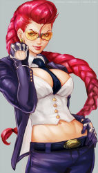 Rule 34 | 1girl, belt, belt buckle, between breasts, black gloves, braid, breasts, buckle, clenched hand, coat, crimson viper, earrings, fauxhawk, female focus, gloves, goggles, hand on own hip, jewelry, large breasts, lips, lipstick, long hair, makeup, making-of available, midriff, mature female, nakama yasukata, navel, necktie, necktie between breasts, nose, open clothes, open coat, orange-tinted eyewear, orange-tinted glasses, pippo3520, pompadour, red hair, safety glasses, single braid, solo, street fighter, street fighter iv (series), sunglasses, tinted eyewear, underbust, yellow-tinted eyewear