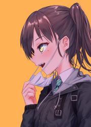 Rule 34 | 1girl, :o, black jacket, blush, brown hair, collared shirt, drawstring, hair between eyes, hand up, hood, hood down, hooded jacket, idolmaster, idolmaster cinderella girls, jacket, long hair, long sleeves, looking away, mask, mask pull, mole, mole under eye, mouth mask, necktie, open mouth, profile, roke (taikodon), sharp teeth, shirt, sidelocks, simple background, sleeves past wrists, solo, striped necktie, striped neckwear, sunazuka akira, surgical mask, teeth, twintails, upper body, white shirt, yellow background, yellow eyes