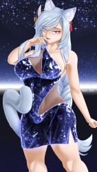 Rule 34 | 1girl, absurdres, animal ear fluff, animal ears, bare shoulders, blue dress, braid, breasts, cat ears, cat girl, cat tail, cleavage, cleavage cutout, clothing cutout, crystal dress, dress, ear piercing, genshin impact, hair ornament, hair over one eye, highres, kemonomimi mode, large breasts, long bangs, long hair, looking at viewer, multicolored eyes, open mouth, piercing, shenhe (genshin impact), side cutout, simple background, solo, sparkle, sparkle background, spread legs, tail, takie arts, thick thighs, thighs, very long hair, white hair