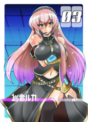 Rule 34 | blue eyes, blush, breast hold, breasts, headset, large breasts, long hair, megurine luka, midriff, navel, pink hair, thighhighs, very long hair, vocaloid, yasakani an