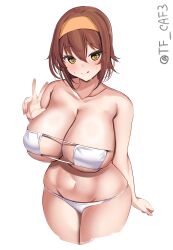Rule 34 | 1girl, alternate breast size, bare shoulders, bikini, breasts, brown hair, cleavage, collarbone, cropped legs, curvy, eyepatch bikini, hair between eyes, hairband, hand up, heart, heart-shaped pupils, highres, huge breasts, kantai collection, licking lips, looking at viewer, medium hair, navel, orange hairband, shiratsuyu (kancolle), simple background, skindentation, solo, swimsuit, symbol-shaped pupils, tf cafe, thighs, tongue, tongue out, twitter username, underboob, w, white background, white bikini, wide hips