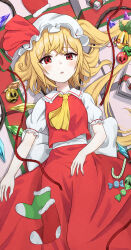 Rule 34 | 1girl, absurdres, ascot, beckody, blonde hair, blush, candy, candy cane, christmas, christmas ornaments, commentary request, crystal, flandre scarlet, food, gift, green socks, hat, hat ribbon, highres, looking at viewer, lying, mob cap, multicolored wings, on back, one side up, open mouth, puffy short sleeves, puffy sleeves, red eyes, red skirt, red socks, red vest, ribbon, short sleeves, side ponytail, skirt, skirt set, socks, solo, touhou, vest, white hat, wings, yellow ascot