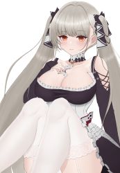 Rule 34 | 1girl, azur lane, bare shoulders, between breasts, black dress, black nails, breasts, cleavage, clothing cutout, detached collar, dress, feet out of frame, formidable (azur lane), frilled dress, frills, garter straps, grey hair, highres, lace, lace-trimmed legwear, lace trim, large breasts, light smile, long hair, looking at viewer, nail polish, on ura358, orange eyes, shoulder cutout, simple background, sitting, solo, thighhighs, thighs, twintails, two-tone dress, two-tone ribbon, very long hair, white background, white garter straps, white thighhighs