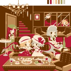 Rule 34 | 5girls, :d, :o, bat wings, bell, blonde hair, blue hair, bottle, braid, cake, chandelier, chibi, cookie, couch, crossed arms, cup, dress, drinking glass, flandre scarlet, flat color, food, food on face, fruit, grapes, hat, hat ribbon, hong meiling, izayoi sakuya, maid, maid headdress, multiple girls, neck ribbon, one eye closed, open mouth, puffy short sleeves, puffy sleeves, red hair, remilia scarlet, ribbon, rumia, saucer, serving cart, shinonoko, short sleeves, siblings, silver hair, sisters, sitting, sleeping, smile, stairs, star (symbol), table, teacup, touhou, twin braids, wine glass, wings