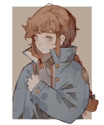 Rule 34 | 1girl, blue coat, blue eyes, blush stickers, border, braid, brown background, brown hair, buttons, closed mouth, coat, colored eyelashes, commentary, english commentary, frown, grey sweater, hand on own chest, high collar, highres, littlebluemuffin, long hair, long sleeves, looking ahead, loose hair strand, open clothes, open coat, original, patch, single braid, solo, sweater, turtleneck, turtleneck sweater, upper body, white border, zipper