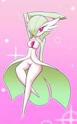Rule 34 | 1girl, arm behind head, arm up, breasts, breasts out, collarbone, creatures (company), full body, game freak, gardevoir, gen 3 pokemon, gradient background, green hair, hair over one eye, highres, looking away, medium breasts, nintendo, nipples, open mouth, pink background, pink eyes, pokemon, pokemon (creature), pokemon rse, pussy, short hair, simple background, solo, uncensored, zedrin