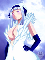 Rule 34 | 1girl, angel (fairy tail), artist request, breasts, cleavage, dress, elbow gloves, fairy tail, female focus, gloves, hairband, large breasts, long hair, no bra, purple eyes, solo, upper body, white dress, white hair