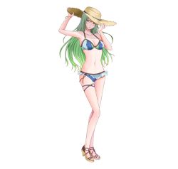 Rule 34 | 1girl, aplche, bikini, bracelet, breasts, cleavage, closed mouth, fire emblem, fire emblem: path of radiance, full body, green eyes, green hair, hands on headwear, hat, high heels, highres, jewelry, long hair, nail polish, navel, nephenee, nintendo, sandals, simple background, solo, sun hat, swimsuit, thigh strap, white background