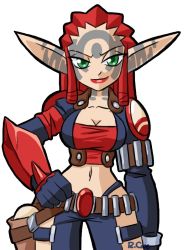 Rule 34 | 1girl, arm at side, ashelin praxis, breasts, cleavage, cowboy shot, drawing on another&#039;s face, dreadlocks, facing viewer, green eyes, hand on own hip, jak and daxter, jak ii, light smile, long ears, long pointy ears, looking at viewer, midriff, navel, pointy ears, red hair, simple background, solo, standing, white background