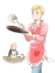 Rule 34 | 2boys, :o, alphonse elric, apron, black shirt, blonde hair, bow, brothers, buttons, clenched hand, collared shirt, cooking, crossed legs, denim, edward elric, egg, egg (food), expressionless, eyelashes, facing viewer, fingernails, food, fried egg, frilled apron, frills, frying pan, fullmetal alchemist, head down, high collar, holding, holding frying pan, holding ladle, holding spatula, jar, jeans, ladle, light blush, long sleeves, looking afar, male focus, motion lines, multiple boys, pai (1111), pants, parted lips, pink apron, pink ribbon, pink shirt, ponytail, pot, ribbon, shirt, siblings, simple background, spatula, standing, stirring, sunny side up egg, table, tareme, waist bow, white apron, white background, white ribbon, yellow eyes