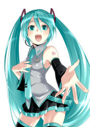 Rule 34 | 1girl, aqua eyes, aqua hair, armpits, caffein, detached sleeves, hatsune miku, headset, long hair, music, necktie, open mouth, outstretched arm, outstretched hand, reaching, singing, skirt, solo, tattoo, thighhighs, twintails, very long hair, vocaloid, zettai ryouiki