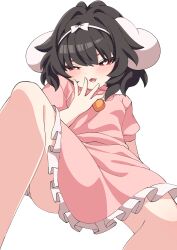 Rule 34 | :3, absurdres, animal ears, black hair, carrot necklace, commentary request, covering own mouth, dress, floppy ears, frilled dress, frills, hand to own mouth, headband, highres, inaba tewi, jewelry, legs apart, looking at viewer, necklace, pink dress, puffy short sleeves, puffy sleeves, rabbit ears, rabbit girl, red eyes, ribbon, short hair, short sleeves, sitting, smile, smug, spread fingers, spread legs, touhou, tsukimirin, white background, white ribbon