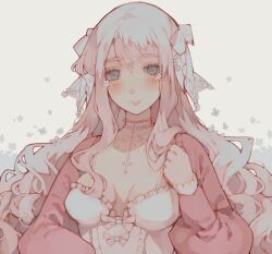 Rule 34 | 1girl, au ra, blush, blush stickers, bow, breasts, center frills, chest tattoo, choker, cleaver, clenched hand, commentary, corset, cross, cross choker, english commentary, eyelashes, final fantasy, final fantasy xiv, floral background, flower, frilled corset, frilled sleeves, frills, grey eyes, hair bow, hair flower, hair ornament, hand on own chest, highres, jacket, littlebluemuffin, long hair, long sleeves, looking at viewer, open clothes, open jacket, parted lips, pearl choker, petals, pink bow, pink hair, pink jacket, pink lips, puffy long sleeves, puffy sleeves, sidelocks, small breasts, smile, spaghetti strap, tattoo, teeth, thick eyebrows, upper body, very long hair, warrior of light (ff14), wavy hair, white background, white bow, white corset, white flower