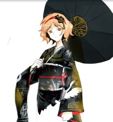 Rule 34 | 1other, androgynous, black kimono, closed mouth, cocopalm, commentary request, hairband, holding, holding umbrella, japanese clothes, kimono, len&#039;en, oil-paper umbrella, orange eyes, orange hair, red hairband, short hair, simple background, solo, umbrella, white background, zuifeng tenkai