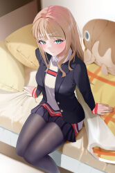 Rule 34 | 1girl, absurdres, arm support, black jacket, black pantyhose, black skirt, blazer, blush, breasts, brown hair, closed mouth, collared shirt, feet out of frame, green eyes, gridman universe, highres, indoors, jacket, light smile, long hair, long sleeves, looking at viewer, medium breasts, minami yume, miniskirt, on bed, open clothes, open jacket, pantyhose, pillow, pleated skirt, school uniform, shirt, sitting, skirt, solo, ssss.dynazenon, stuffed animal, stuffed fish, stuffed toy, sweater, tappy okamura, white shirt, white sweater
