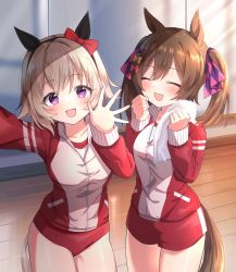 Rule 34 | 2girls, animal ears, blush, bow hairband, buruma, closed eyes, collarbone, commentary request, cowboy shot, curren chan (umamusume), etesumsom, grey hair, gym uniform, hair between eyes, hairband, hands up, highres, horse ears, horse girl, horse tail, indoors, jacket, long sleeves, mirror, multiple girls, open mouth, outstretched arm, partially unzipped, purple eyes, red jacket, red shorts, selfie, shirt, shorts, smart falcon (umamusume), smile, tail, towel, track jacket, twintails, umamusume, waving, white shirt, wooden floor
