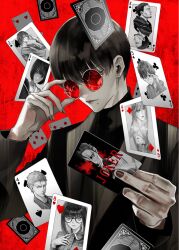 Rule 34 | 1boy, ace (playing card), ace of spades, adjusting eyewear, agatha (jukkakukan no satsujin), bishounen, black hair, broken eyewear, brown nails, card, carr (jukkakukan no satsujin), eight of diamonds (playing card), eight of hearts, ellery (jukkakukan no satsujin), five of clubs, formal, four of hearts, four of spades, highres, holding, holding card, jack (playing card), jack of spades, jacket, joker (playing card), jukkakukan no satsujin, kawaminami akira, king (playing card), king of clubs, kiyohara hiro, leroux (jukkakukan no satsujin), limited palette, long bangs, long sleeves, looking at viewer, male focus, mole, mole under mouth, nail polish, official art, orczy (jukkakukan no satsujin), pale skin, playing card, poe (jukkakukan no satsujin), queen (playing card), queen of diamonds, red-tinted eyewear, red background, round eyewear, seven of diamonds, shimada kiyoshi, short hair, solo, spade (shape), suit, tinted eyewear, turtleneck, van (jukkakukan no satsujin)