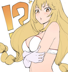 Rule 34 | !?, + +, 1girl, alternate hairstyle, arms under breasts, blonde hair, blush, bra, breasts, bright pupils, brown eyes, elbow gloves, gloves, highres, large breasts, long hair, looking at viewer, low-tied long hair, low twintails, open mouth, shokuhou misaki, solo, sparkle, sparkling eyes, star-shaped pupils, star (symbol), surprised, sweatdrop, symbol-shaped pupils, toaru kagaku no railgun, toaru majutsu no index, toaru majutsu no index gaiden: toaru kagaku no mental out, twintails, underwear, upper body, valtor, white background, white bra, white pupils, yellow eyes