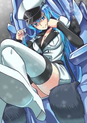 10s 1girl akame_ga_kill! blue_eyes blue_hair boots breasts cleavage crossed_legs esdeath hat hawe_king large_breasts legs long_hair looking_at_viewer military military_uniform peaked_cap smile thigh_boots thighhighs thighs very_long_hair white_thighhighs zettai_ryouiki